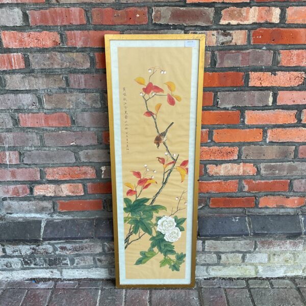 Vintage songbird watercolour painting on silk with floral details.