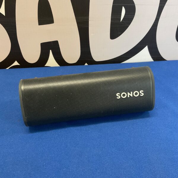 Front view of a black Sonos Bluetooth speaker.