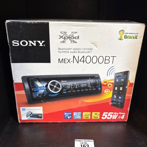 Sony MEX-N40BT car stereo with Bluetooth connectivity displayed.