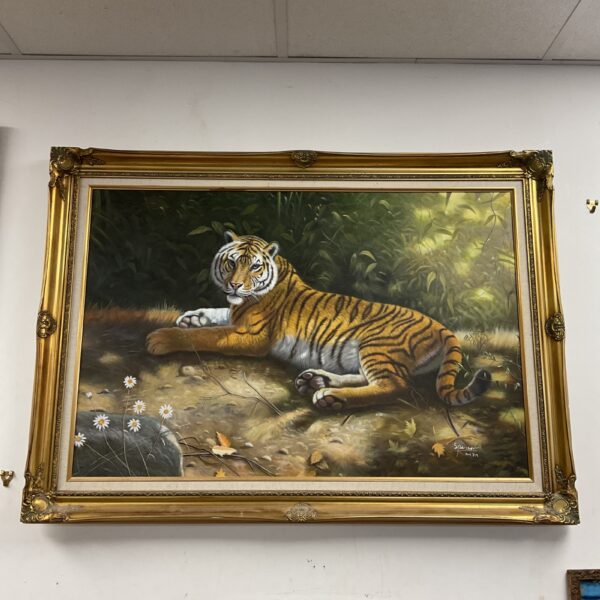 Large oil painting of a tiger signed Spencer in 2001.
