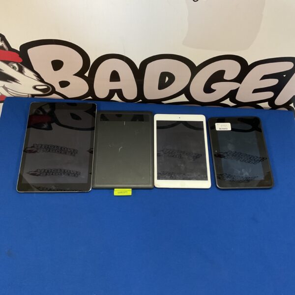 Mixed lot of four tablets including Apple and Kindle devices.