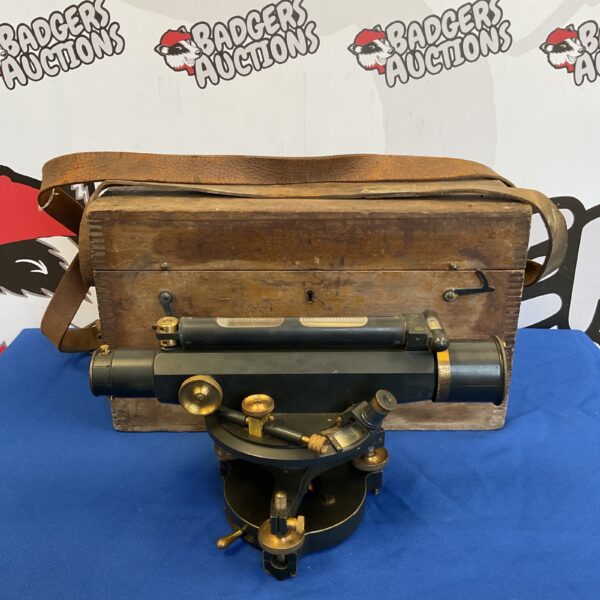 Antique theodolite in its original wooden case, a beautiful surveying instrument.