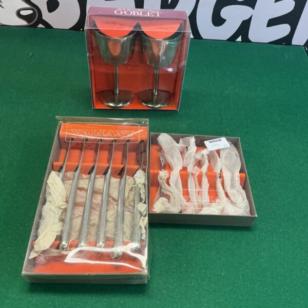 Vintage Valiant cutlery set with stainless steel tea spoons and goblets.