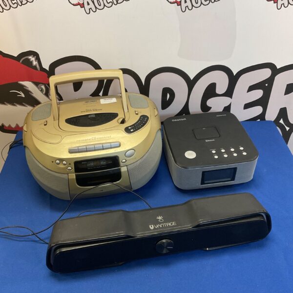 Vintage audio bundle featuring Bush CD player, Vantage soundbar and Azatom speaker.