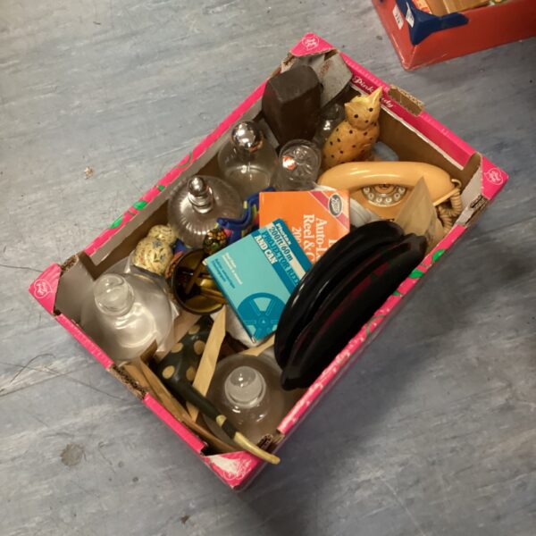 Vintage mixed lot with glass decanters and retro push button telephone.