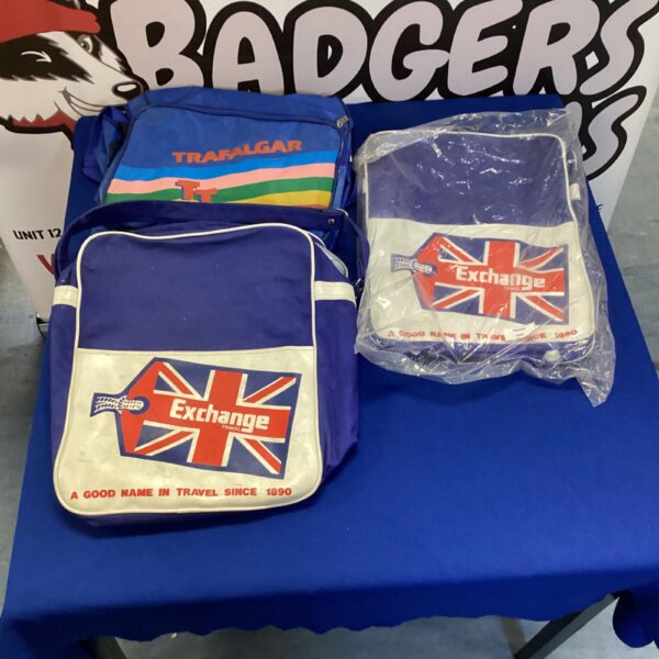 Vintage travel bag lot featuring Trafalgar and Exchange brands.