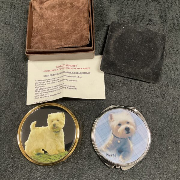 Vintage westie handbag mirror with dog design.