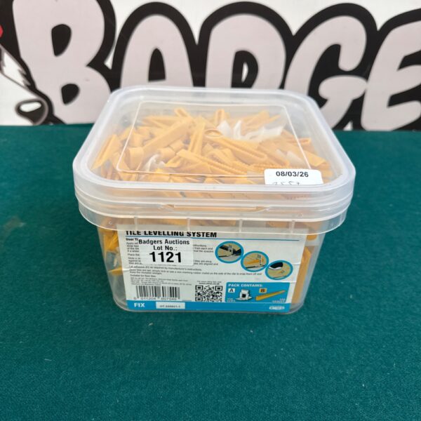 Vitrex tile levelling system wedges and clips in a box.