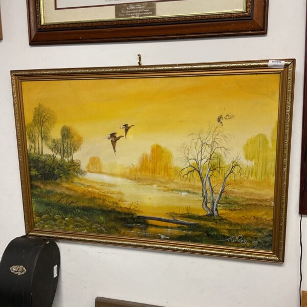 Vintage 1979 oil painting of pheasants in flight by W Ross.